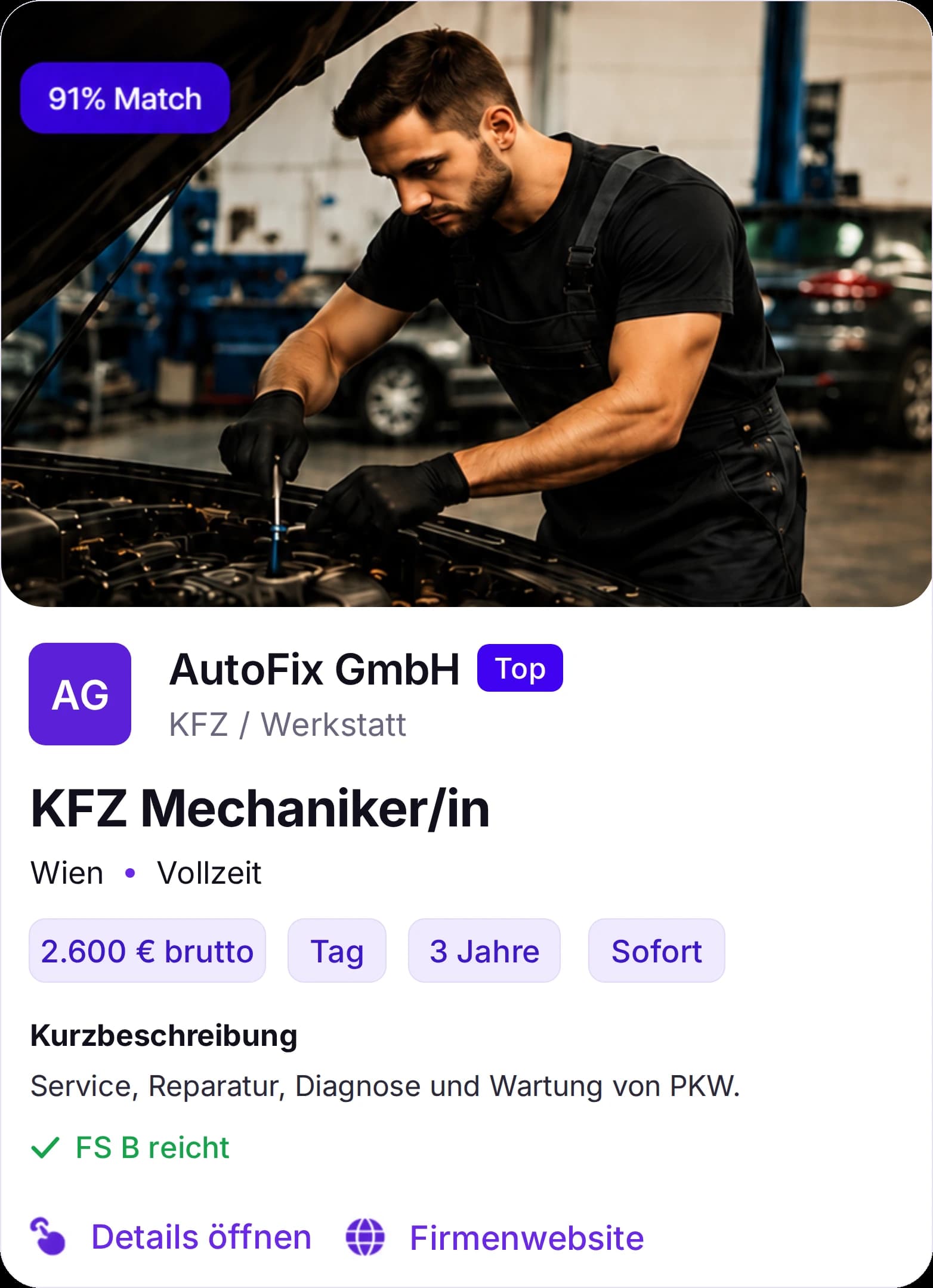 CAREERA App: Jobkarte „KFZ Mechaniker/in“ bei AutoFix GmbH in Wien mit 91% Match